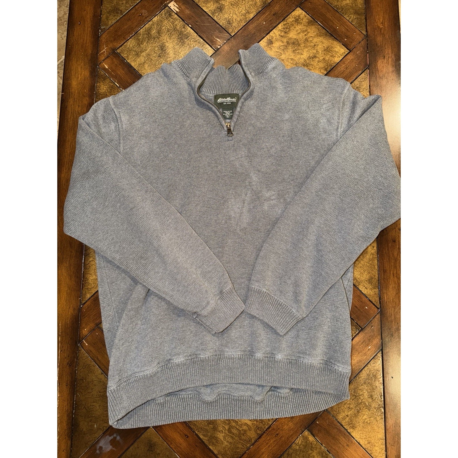 Eddie Bauer Men's Xlt 1/4 Zip Gray Ribbed Knit Ls Cotton Heavy Weight Sweater